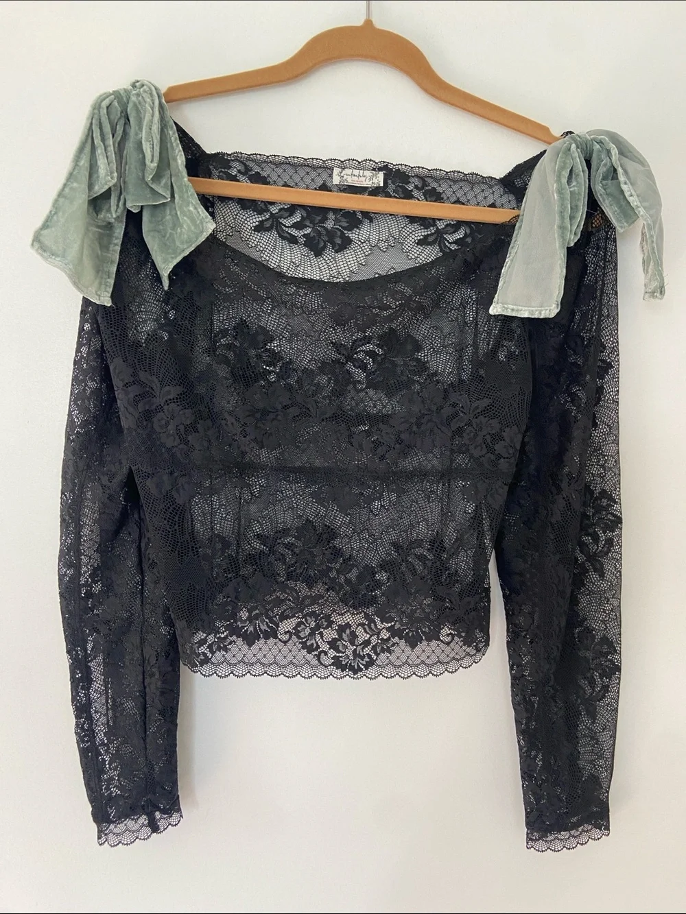 Free People Mademoiselle Black Lace Long-Sleeve Tie-Shoulder Top